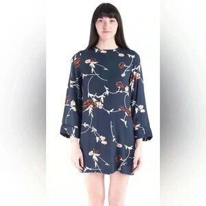 Ganni Dalton Shift Dress in Navy Blue Floral Crepe Long Sleeve Mini